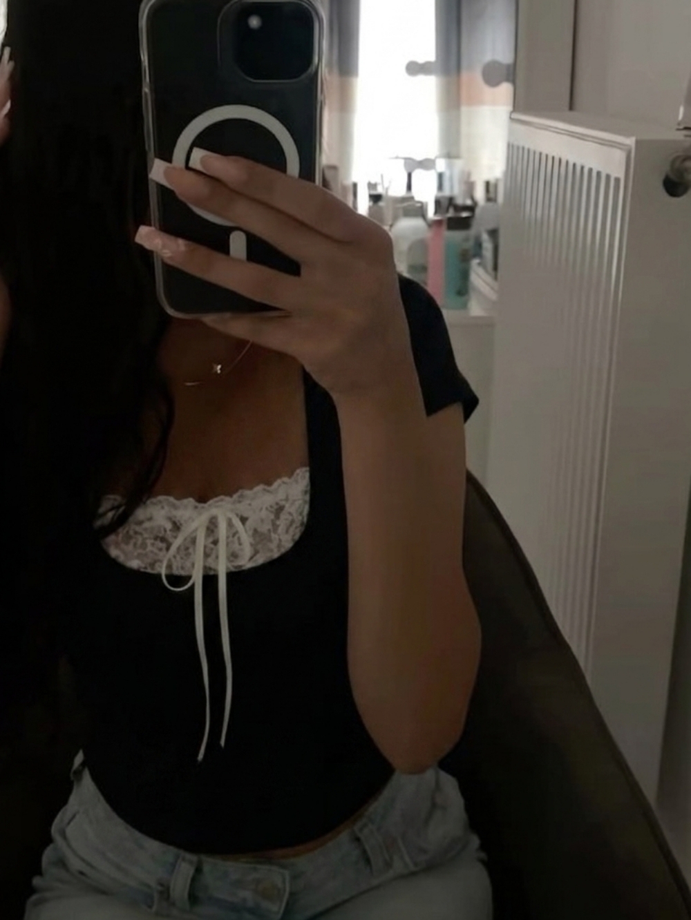 Black Scoop Neck Lace-Trim Crop Top Casual Comfy Trendy Summer